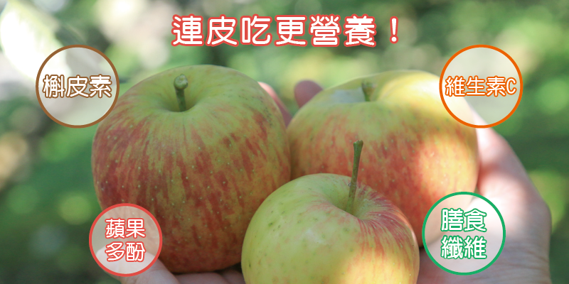 臺灣本土的蜜蘋果，因為不需要經過外銷海運的長時間存放，因此農友們並不會多花成本去上蠟，而是由蘋果自身天然的果蠟保護，因此會建議大家清洗後直接連皮一起吃。   蘋果皮上的營養成分比果肉高出許多，像是槲皮素、維生素C、膳食纖維、蘋果多酚等等，而這些營養成分百分之80，都是在果皮及籽之中，能夠連皮食用是再好不過的！